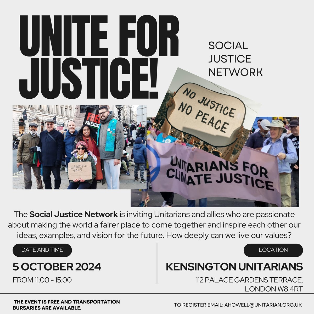 Just a few days and a few spaces left for Unite for Justice! A half-day event to explore the vision for UK Unitarian Social Action around the justice issues that matter to us most. It's time to make justice matter! Saturday, 5 Oct <a href="/EssexChurch/">Kensington Unitarians</a> Kensington Unitarians