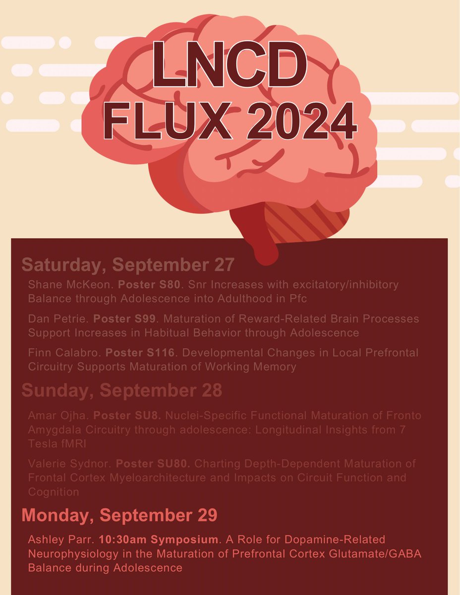 LNCD (@lncdpitt.bsky.social) (@lncd_pitt) on Twitter photo Happy day 3 of #flux2024 ! Check out the E/I symposium moderated by our own <a href="/finncalabro/">finn calabro</a> where @AshCParr will be giving a talk entitled “A Role for Dopamine-Related Neurophysiology in the Maturation of
Prefrontal Cortex Glutamate/GABA Balance during Adolescence” Happy day 3 of #flux2024 ! Check out the E/I symposium moderated by our own <a href="/finncalabro/">finn calabro</a> where @AshCParr will be giving a talk entitled “A Role for Dopamine-Related Neurophysiology in the Maturation of
Prefrontal Cortex Glutamate/GABA Balance during Adolescence”