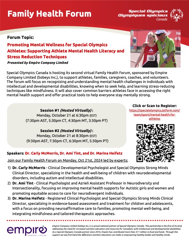 Join us on Oct 21st for this free, virtual forum on supporting the mental wellness of Special Olympics athletes

Link to register: specialolympics.jotform.com/team/sport/men…