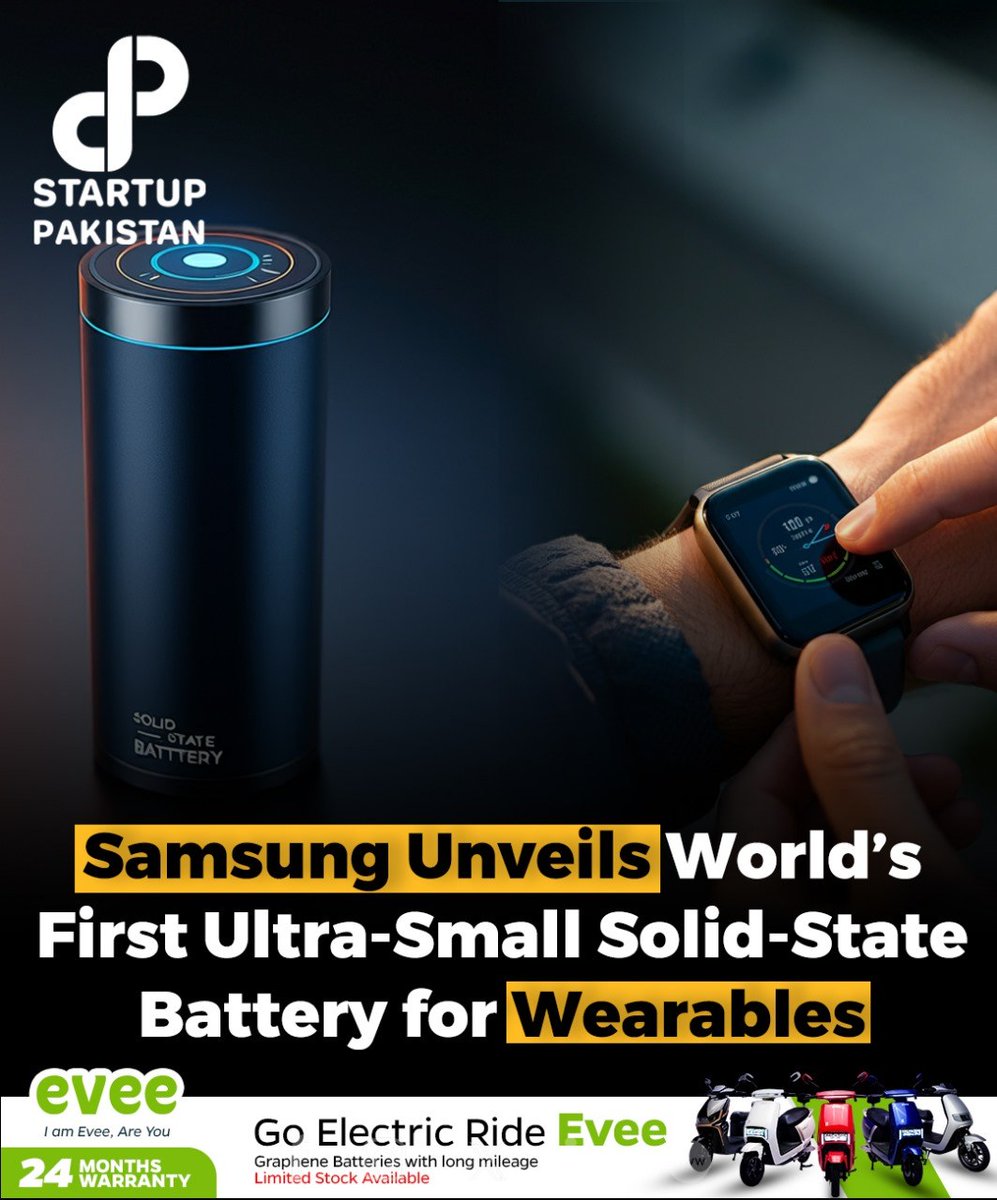 PakStartup's tweet image. Samsung has introduced a compact solid-state battery for wearable devices, claiming it to be the world's first of its kind.

#Samsung #worldsfirst #ultrasmall #battery