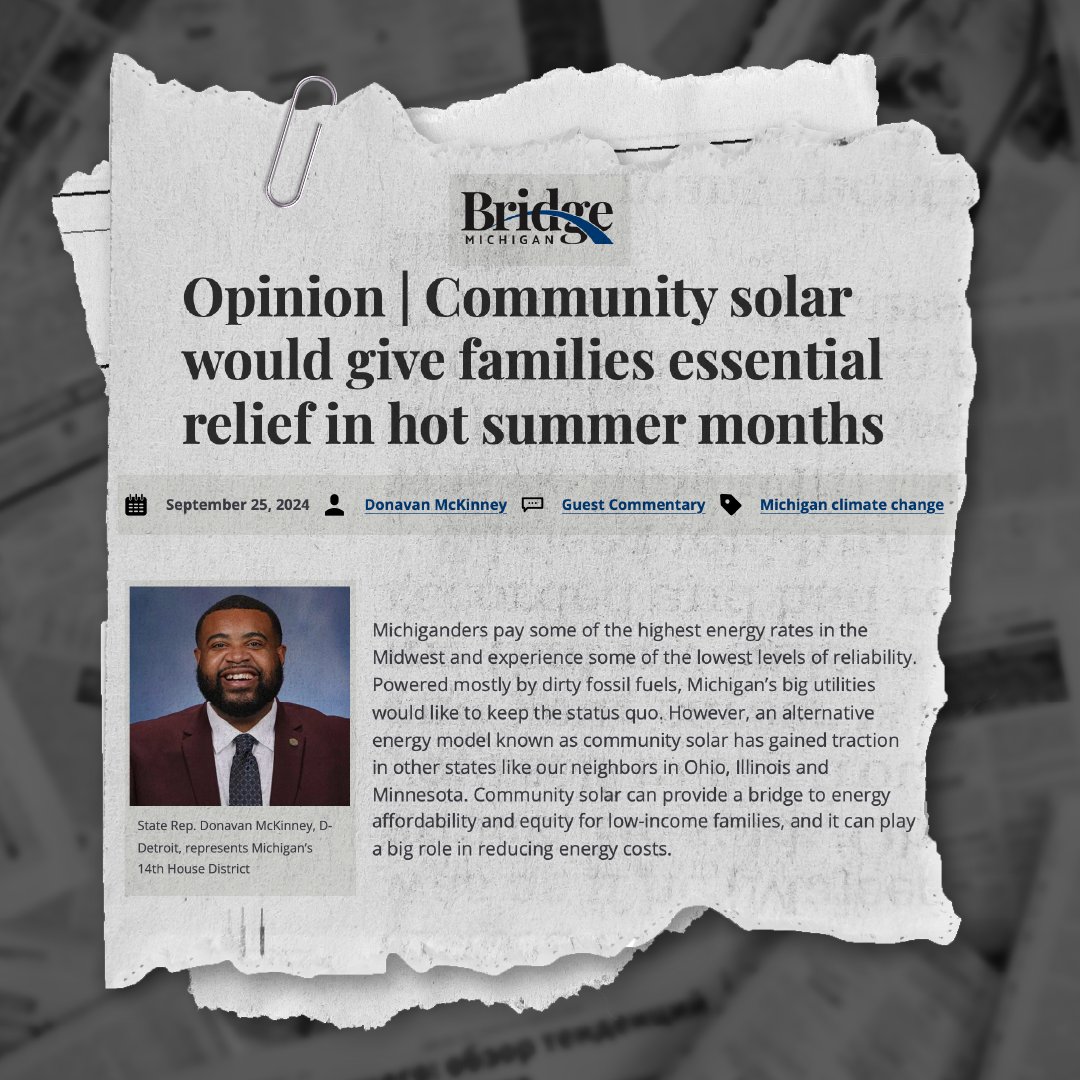 “Community solar needs to be a top legislative priority this fall to remove barriers preventing low-income and multi-family households from adopting solar programs.” - Rep. McKinney bit.ly/4gO4w0j #MICommunitySolar