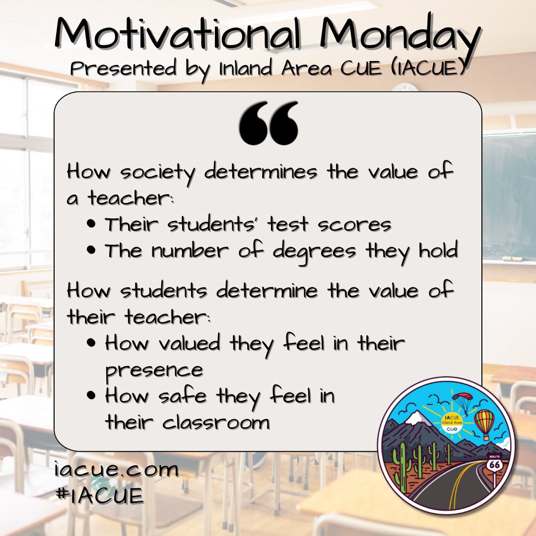 It’s Motivational Monday!

Academics are important, but our value as educators extends far beyond simply teaching the ABCs and 123s.

#iacue #CUEmmunity
