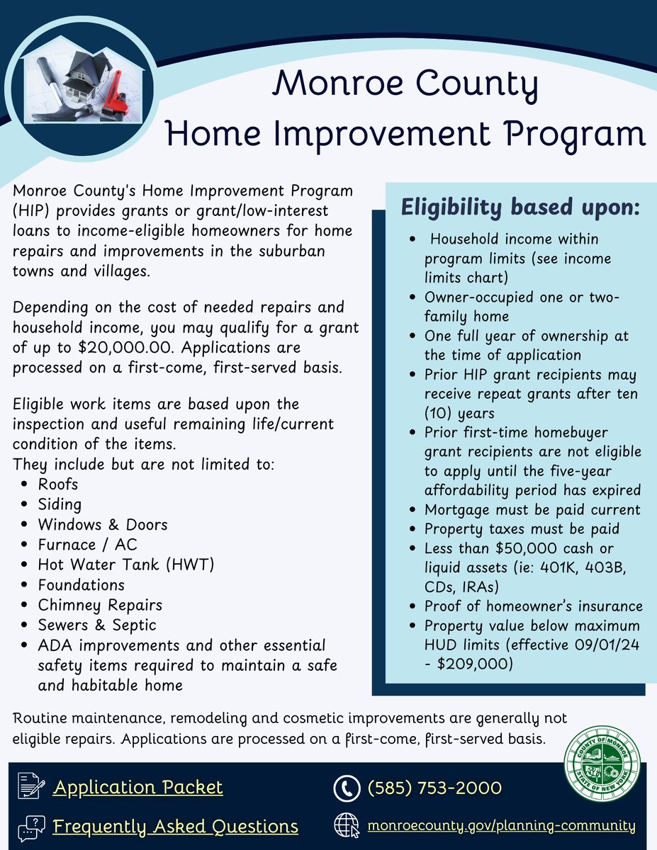Monroe County's Home Improvement Program:

Website: monroecounty.gov/planning-commu…
Application: monroecounty.gov/files/2024%20A…
FAQ's: monroecounty.gov/files/HIP%20FA…