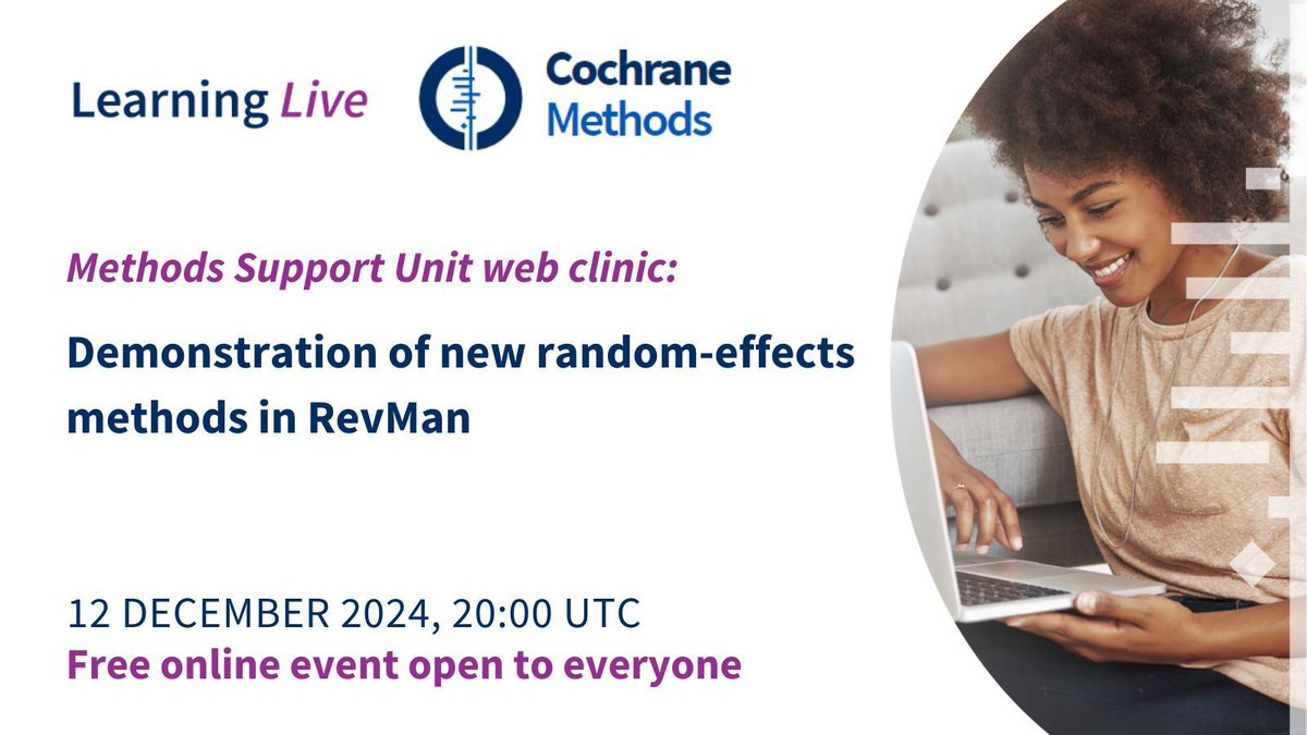 Cochrane Training (@cochranetrain) on Twitter photo 💻📅 On 12th Dec we look forward to hearing from <a href="/jomck15/">Jo McKenzie</a> & <a href="/AVeroniki/">Argie Veroniki</a>, who will demonstrate the new random-effects methods in RevMan. Don't miss the introduction to this topic in our session on 23rd Oct! Open to everyone 👉training.cochrane.org/demonstration-… #cochranelearninglive 💻📅 On 12th Dec we look forward to hearing from <a href="/jomck15/">Jo McKenzie</a> & <a href="/AVeroniki/">Argie Veroniki</a>, who will demonstrate the new random-effects methods in RevMan. Don't miss the introduction to this topic in our session on 23rd Oct! Open to everyone 👉training.cochrane.org/demonstration-… #cochranelearninglive