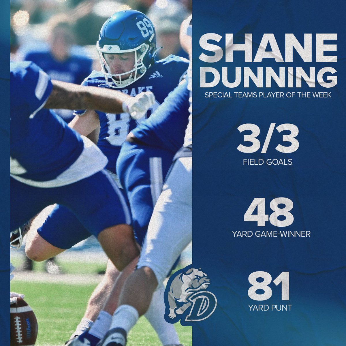 Drake Football (@drakebulldogsfb) on Twitter photo Not one, but ๐๐๐ weekly honors for our guy โผ๏ธ
<a href="/ShaneDunning4/">Shane Dunning</a> collects both PFL and FCS awards after clutch performance vs. San Diego.
๐๐ฐโก๏ธ bit.ly/3TORea2
#RAISEtheBAR | #DSMHometownTeam Not one, but ๐๐๐ weekly honors for our guy โผ๏ธ
<a href="/ShaneDunning4/">Shane Dunning</a> collects both PFL and FCS awards after clutch performance vs. San Diego.
๐๐ฐโก๏ธ bit.ly/3TORea2
#RAISEtheBAR | #DSMHometownTeam