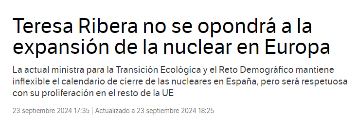 Teresa Ribera, estando al frente del ministerio de transición ecológica, se cargó las centrales nucleares de nuestro país dejándolas heridas de muerte. En cambio, nada más llegar a la Comisión Europea, fomenta dichas centrales para el resto de Europa.