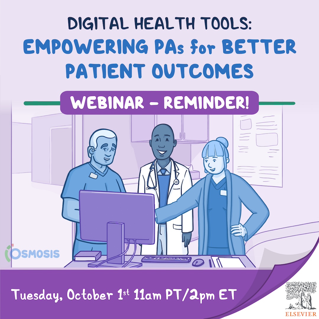 OsmosisMed's tweet image. Tomorrow! We invite all PAs and students for our #PAWeek-exclusive webinar about utilizing digital health technologies to enhance your practice and improve outcomes. 🩺✨ Register now: osms.it/webinar-empowe…

The #webinar will be held tomorrow, 10/1, at 11 AM PST/2 PM EST.
