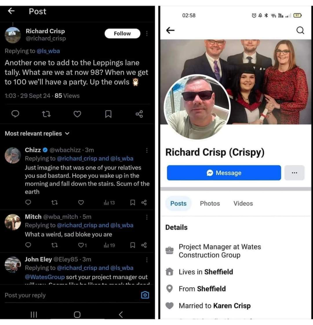 FootbalIhub's tweet photo. Sacked from his job, arrested and hopefully banned from @swfc games for life.

Named and shamed well done twitter/ x, Richard Crisp have a good one mate. Disgusting mocking the dead. 🫡 https://t.co/4f9PLQobBH