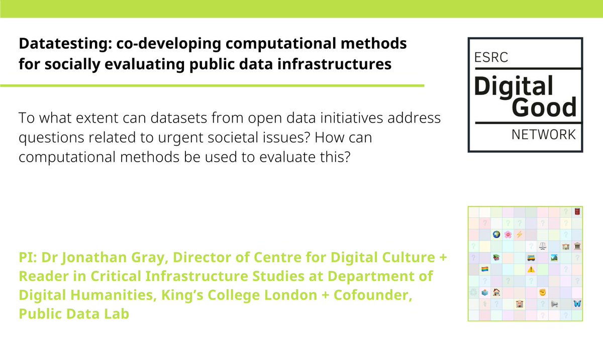 'Datatesting: co-developing computational methods for socially evaluating public data infrastructures' investigates the extent to which datasets from open data initiatives address questions related to urgent societal issues.

#digitalsociety #digitalgood