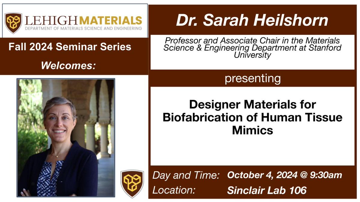The MSE Dept. will host Dr. Sarah Heilshorn from the MSE Department at Stanford University for a seminar titled "Designer Materials for Biofabrication of Human Tissue Mimics" on Friday, 10/4 at 9:30am in Sinclair Lab 106.
