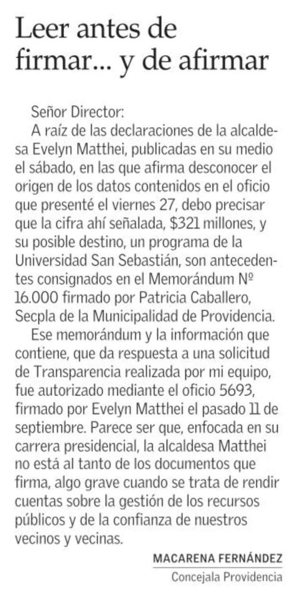 1/2 
Hoy El Mercurio publicó mi respuesta a la alcaldesa Matthei, que el sábado dijo no saber de dónde salió la cifra de $321 millones que se evaluaba para un programa de la USS. Es importante aclarar que esa información salió de su propio municipio y lleva la firma de… Evelyn
