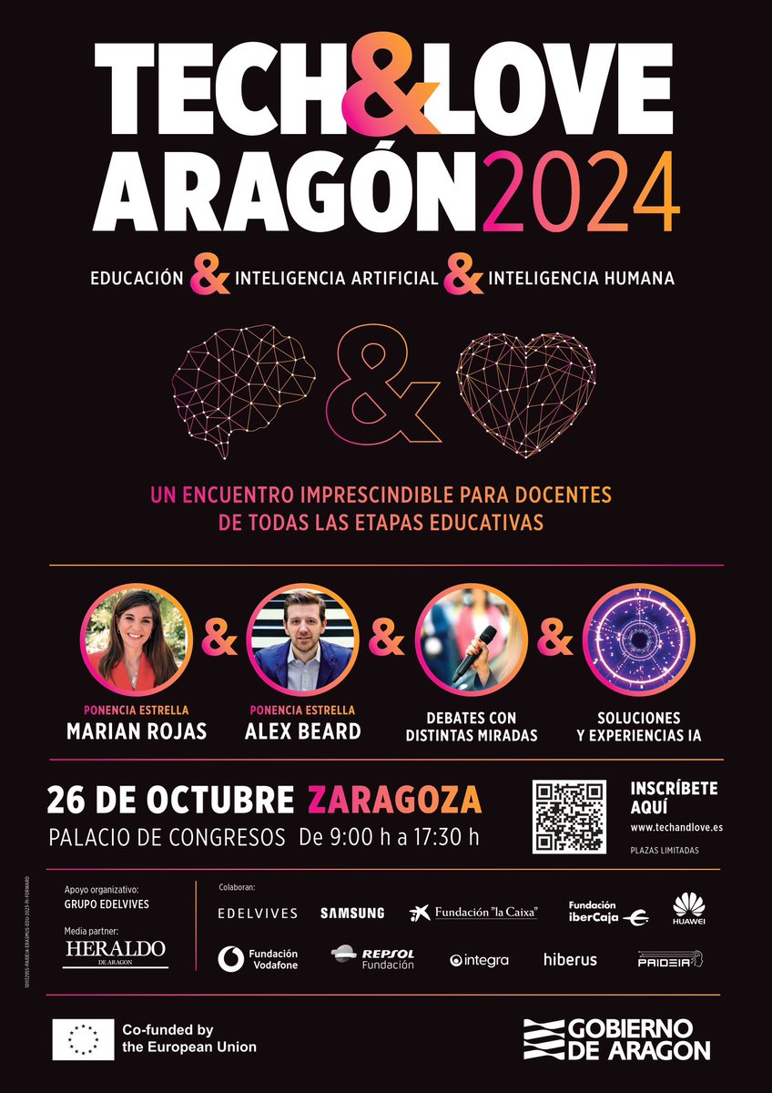 Tech&amp;Love Aragón 2024 (Inteligencia Artificial, Inteligencia Humana y Educación) un encuentro imprescindible para docentes de todas las etapas. ¿Te apuntas? Inscripciones a partir de las 18.00. grupoedelvives.ac-page.com/tech-and-love-…