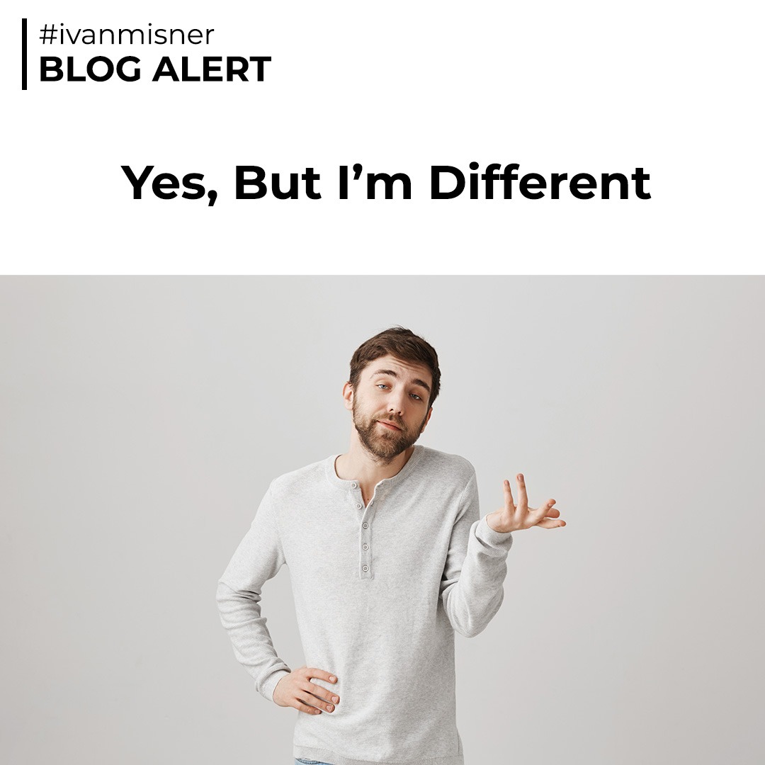 IvanMisner's tweet image. Many people use “I’m different” to avoid doing something they don’t want to do, including self-development. However, personal development works as soon as we stop treating ourselves as the exception. bit.ly/3N8oHrW  

#ivanmisner #blogalert