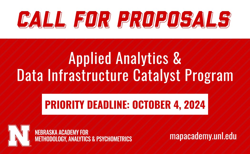 DEADLINE FRIDAY: The MAP Academy invites interdisciplinary faculty from throughout <a href="/u_nebraska/">University of Nebraska System</a>  to submit proposals for the 2024-25 Applied Analytics and Data Infrastructure (AADI) Catalyst Program.
More >> go.unl.edu/2ruh

<a href="/UNL_CYFS/">Nebraska CYFS</a> #UNL #UNLCEHS #GoBigResearch