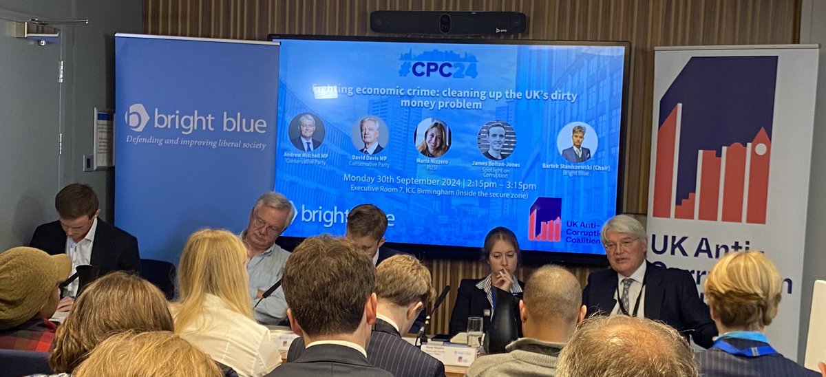 Shadow Foreign Sec Andrew Mitchell among speakers at a fringe meeting on economic crime.
Says UK has accepted dirty money for a long time. CDOTs - Closed registers of BO was not enough. Panama papers etc showed you needed to see the dotted lines. Sunlight is the best disinfectant