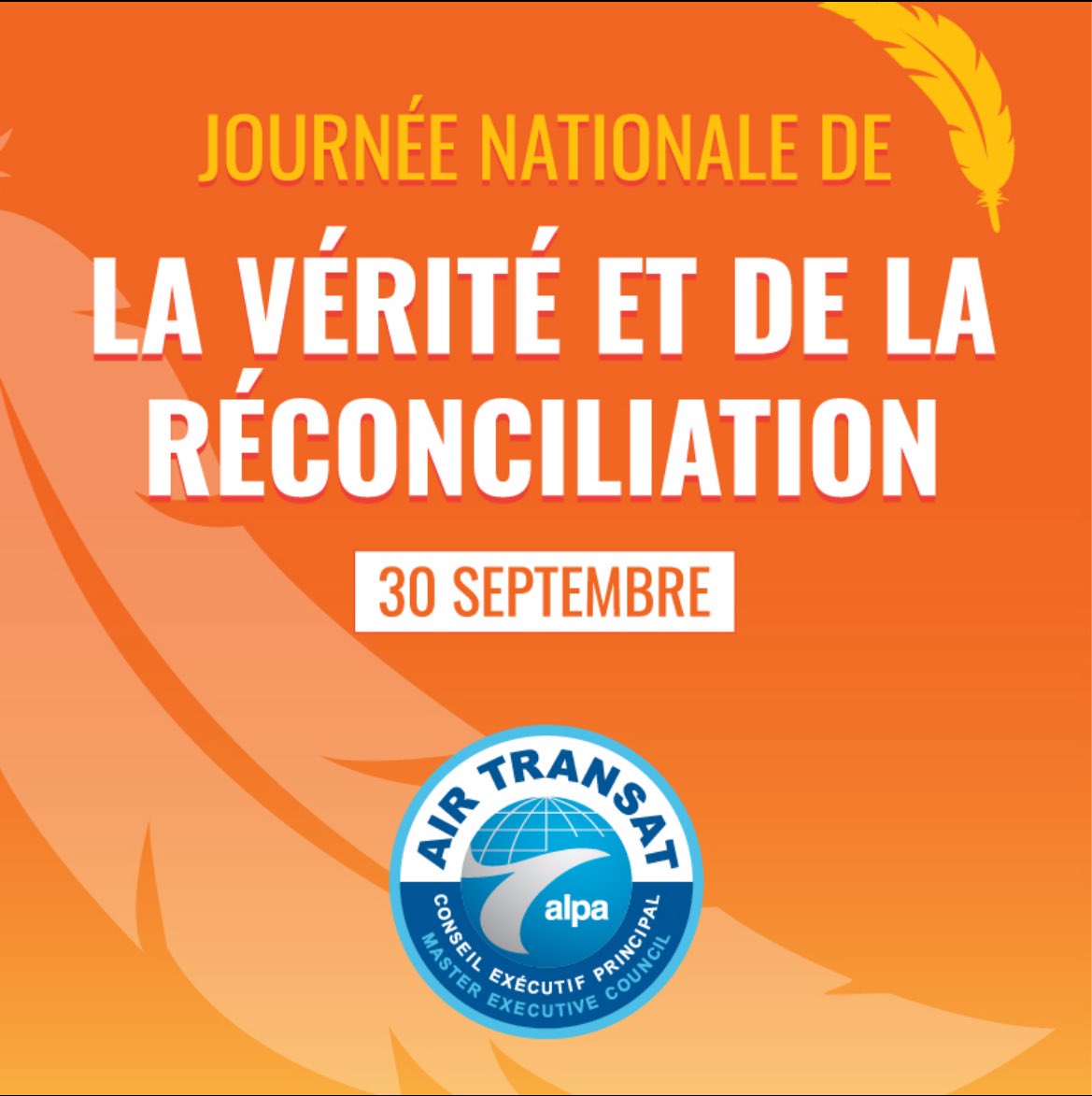 TSCPilotes's tweet image. Ce jour, les pilotes d’Air Transat prennent un moment pour réfléchir aux injustices passées subies par les peuples autochtones à l’occasion de la Journée Nationale de la Vérité et de la Réconciliation.

#alpa #alpapilots #pilotestransat #transatpilots