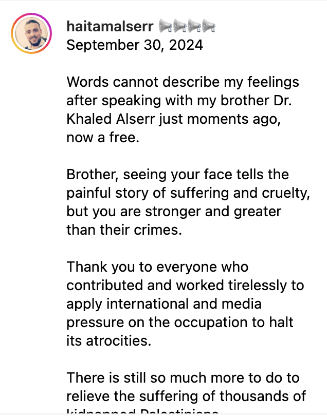 ryangrim's tweet photo. Very happy to share some good news for once: Dr. Khaled Alser, a Gaza surgeon who has been in Israeli captivity since March 25, the lead author of a recent article in The Lancet, is now free. 

Thank you to everyone who signed the petition urging his freedom, even when it felt hopeless and pointless