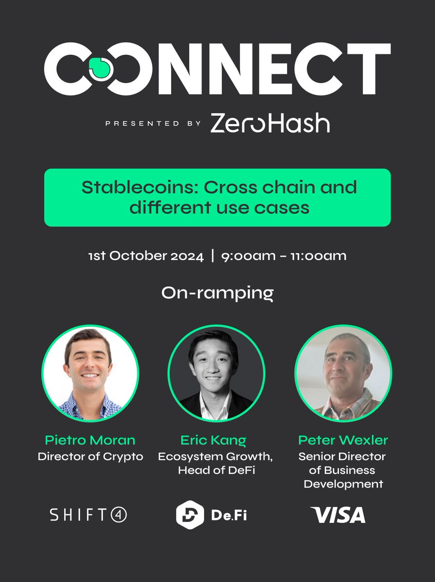 Excited to be speaking tomorrow @ZeroHashX Connect in NYC about on-ramping into crypto alongside Eric and Peter. 
If you're in the area for <a href="/MessariCrypto/">Messari</a> Mainnet and want to talk everything payments my DMs are open!