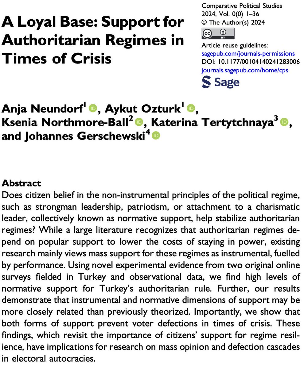 Anja Neundorf (@anjaneundorf) on Twitter photo 🚨New paper: Why are so many people loyal to autocrats, even in times of crises? In this new <a href="/cps_journal/">Comparative Political Studies</a> paper, we experimentally show that large parts of Turkey's government voters normatively support the regime and remain loyal no matter what.
journals.sagepub.com/doi/10.1177/00… 🚨New paper: Why are so many people loyal to autocrats, even in times of crises? In this new <a href="/cps_journal/">Comparative Political Studies</a> paper, we experimentally show that large parts of Turkey's government voters normatively support the regime and remain loyal no matter what.
journals.sagepub.com/doi/10.1177/00…