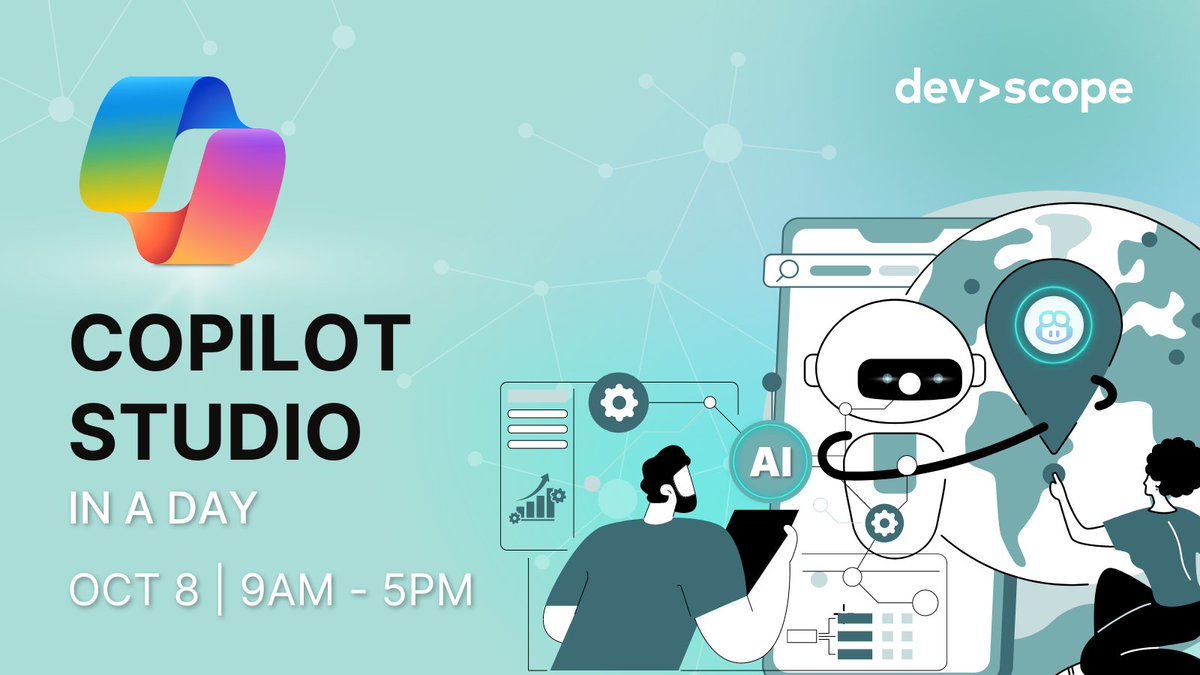 Join our workshop: Copilot Studio in a Day (CSIAD)  🚀

🕘 October 8 | 9AM – 5PM
🌐 Online

Learn how to build powerful copilots with generative AI in just one day. Register now! 

👉 devscope.net/events/copilot…

👉 msevents.microsoft.com/event?id=32003…

#CopilotStudio #AI #Automation #Workshop