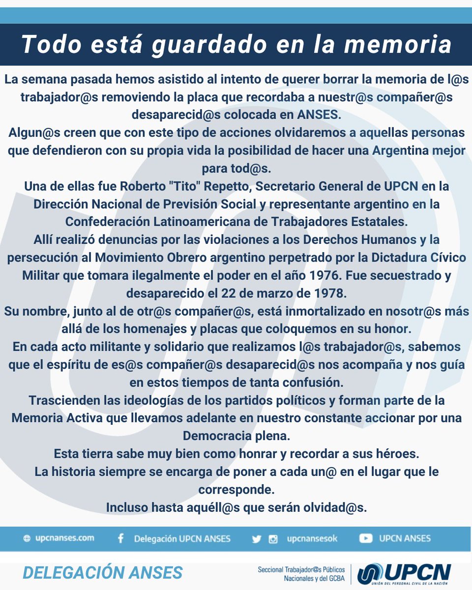 📌 L@s Trabajador@s tenemos Memoria y sabemos cómo defender y fortalecer nuestra Democracia.

#upcn
#memoria
#trabajadorxsorganizadxs
#democracia