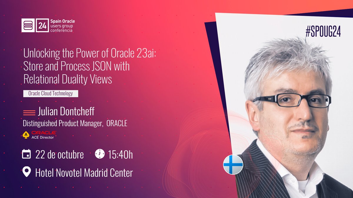 JulianDontcheff's tweet photo. Welcome to my session at SPOUG in Madrid: Unlocking the Power of Oracle Database 23ai: Store and Process JSON with Relational Duality Views
Registration: https://t.co/TNUTELpVGX #SPOUG #SPOUG24 #Oracle #JSON https://t.co/qX8yxcwxNL
