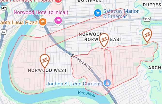 WINNIPEG - NORWOOD About 1400 customers without power due to an outage in this area, among several today due to damage caused by high winds. If you see lines down stay 10 m away and call 911.