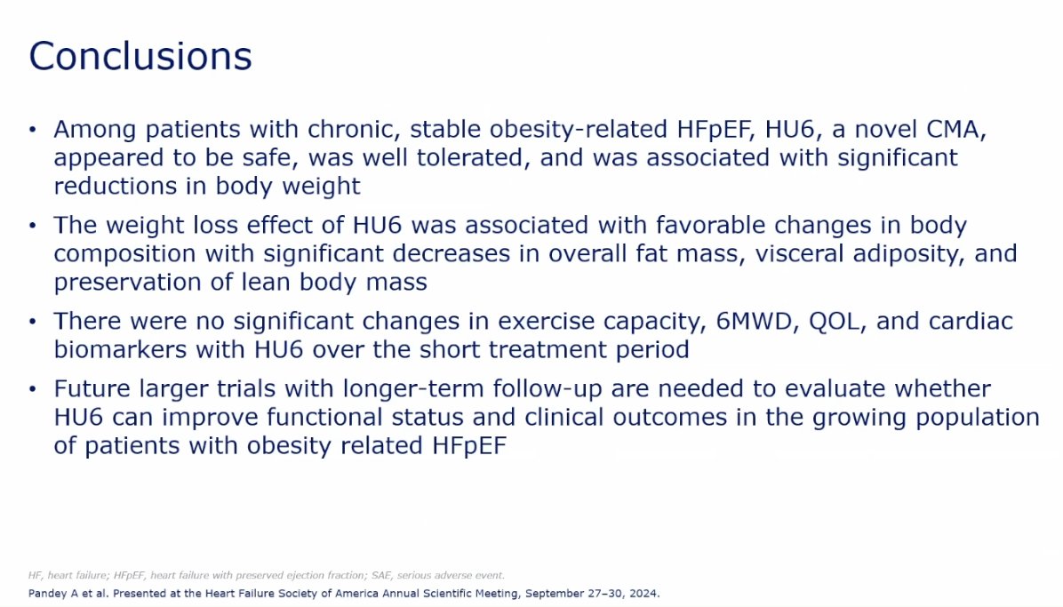 Andrew J Sauer MD (@andrewjsauer) on Twitter photo HuMAIN Phase II study of HU6 in obesity HFpEF
More visceral fat loss vs lean mass loss.
Overall appears safe.
Pivotal Phase III studies needed to understand impact on clinical endpoints.
Proud to see our work presented <a href="/HFSA/">HFSA</a> today.
<a href="/MkosiborodMD/">Mikhail Kosiborod</a>
<a href="/MidAmericaHeart/">Saint Luke's Mid America Heart Institute</a> HuMAIN Phase II study of HU6 in obesity HFpEF
More visceral fat loss vs lean mass loss.
Overall appears safe.
Pivotal Phase III studies needed to understand impact on clinical endpoints.
Proud to see our work presented <a href="/HFSA/">HFSA</a> today.
<a href="/MkosiborodMD/">Mikhail Kosiborod</a>
<a href="/MidAmericaHeart/">Saint Luke's Mid America Heart Institute</a>