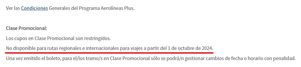 MilleristaBlog's tweet image. Un comentario de este post ⬇️de @adrianratam decía que AR corta la tarifa Promo para regional / internacional a partir de mañana 01/10/2024... me fui a fijar y si, en la web oficial dice eso 🥲.
Quedará solo para cabotaje parece. Ojalá vuelva.
aerolineas.com.ar/tablas-de-mill…