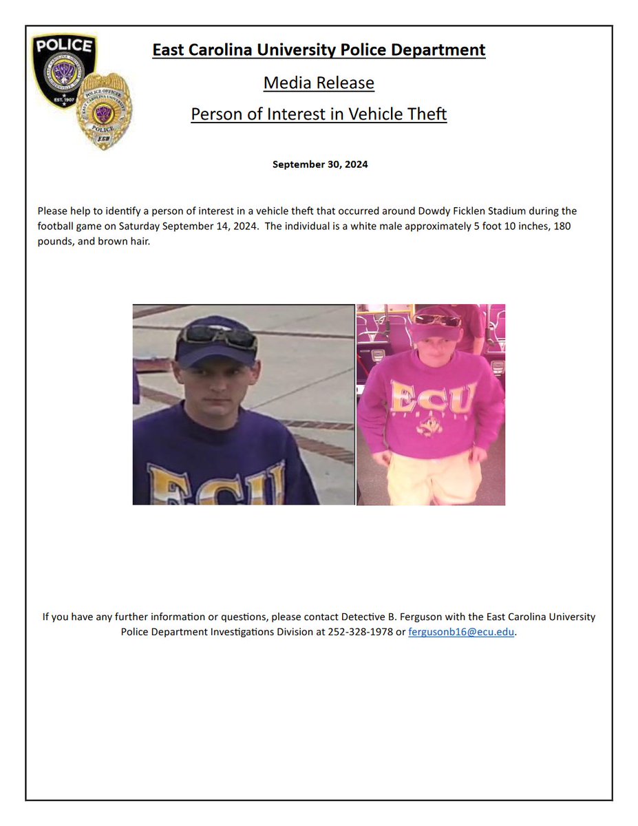 Please contact us at 252-328-1978, if you have any information.