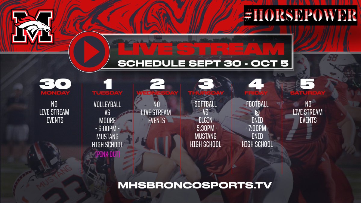 Support <a href="/mhsbroncovb/">MHS Lady Bronco Volleyball</a>, <a href="/MustangBroncoSB/">Mustang Broncos Softball</a>, and <a href="/1BroncoFootball/">Mustang Football</a> all in Action this week on our Live Stream Schedule! Tune to: mhsbroncosports.tv or Find us in the MHS Broncos App to Watch Live! Go Broncos! <a href="/MHSBroncosVoice/">MHSBroncosVoice</a> <a href="/MHS_Broncos/">MHSBroncos</a> <a href="/MHStheStable/">The Stable</a> <a href="/MustangReview/">The Mustang Sports Review</a>