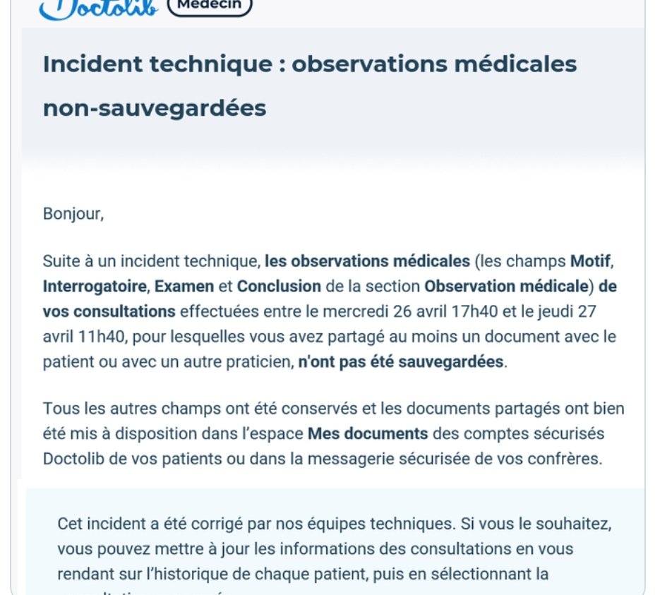 RaphaelCazLev's tweet photo. @pierre_vergnes Merci de vos clarifications.
En effet, en mai 2023 #Doctolib n'a pas subi de fuite de données, mais un problème de suppression de documents médicaux sauvegardés par les médecins, sur une durée inférieure à 24h. https://t.co/B8KgiSHsk6