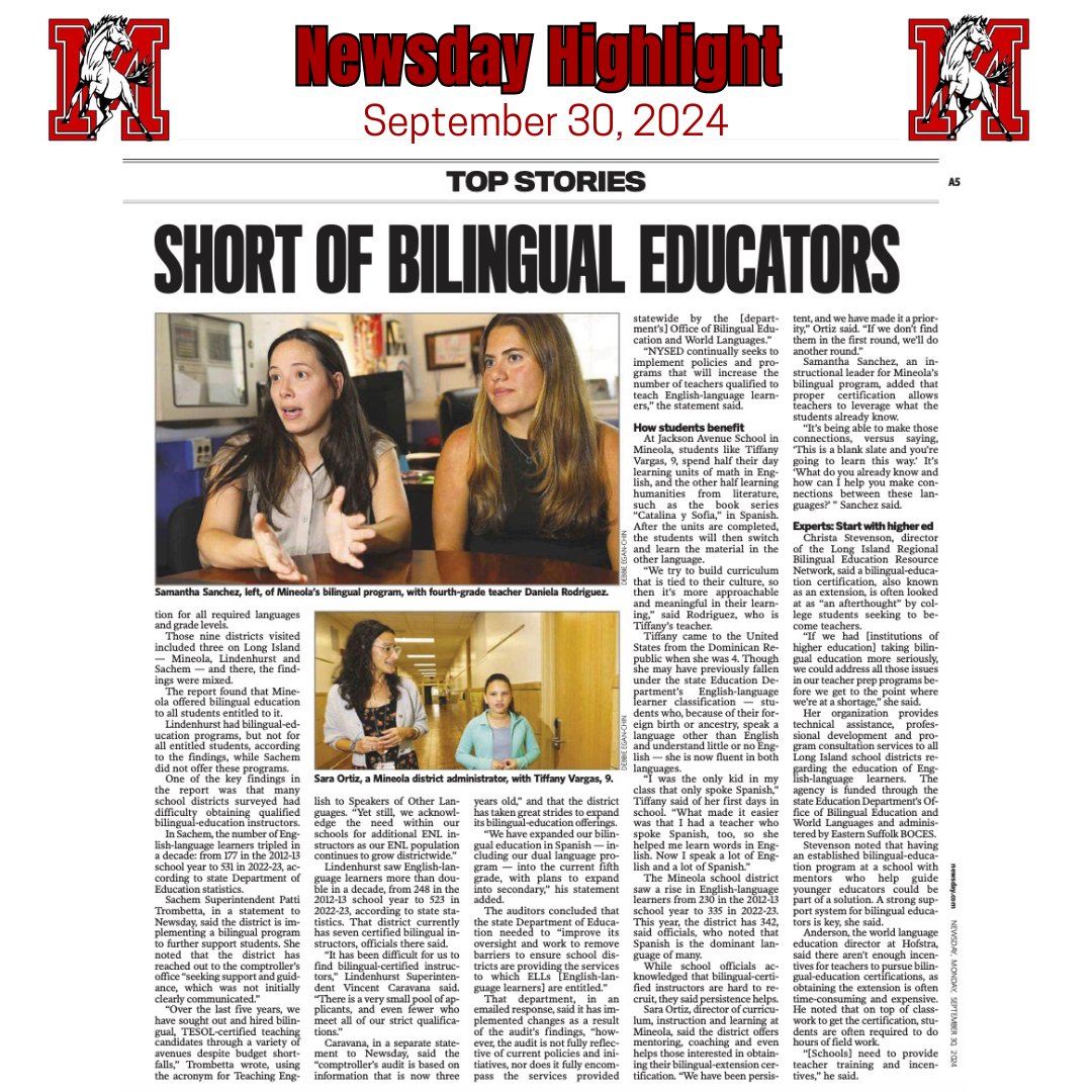 🗞️Mineola is in Newsday🗞️

Our Bilingual program was highlighted in Newsday today! We are so #MineolaProud of this incredible program! ❤️👩‍🏫🧑‍🏫 

#MineolaUFSD #MineolaSchools