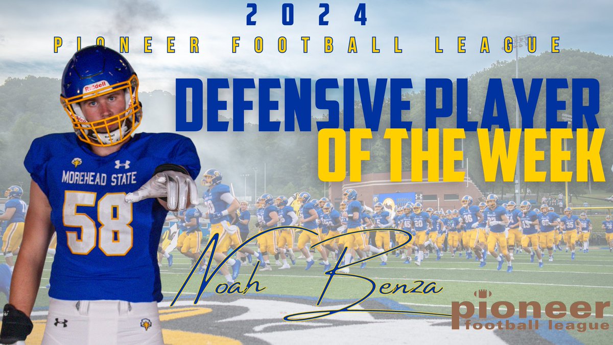 Morehead State Athletics (@msueagles) on Twitter photo Congrats to <a href="/MSUEaglesFB/">Morehead State Football</a>'s <a href="/BenzaNoah/">Noah Benza</a> for earning <a href="/PFLNews/">Pioneer Football</a> Defensive Player of the Week and Honorable Mention <a href="/StatsPerform/">Stats Perform</a> National Defensive Player of the Week.
He had 4.5 tackles for loss and 3.5 sacks in the Eagles' 17-5 win over Valparaiso.
Story: shorturl.at/4EVrh Congrats to <a href="/MSUEaglesFB/">Morehead State Football</a>'s <a href="/BenzaNoah/">Noah Benza</a> for earning <a href="/PFLNews/">Pioneer Football</a> Defensive Player of the Week and Honorable Mention <a href="/StatsPerform/">Stats Perform</a> National Defensive Player of the Week.
He had 4.5 tackles for loss and 3.5 sacks in the Eagles' 17-5 win over Valparaiso.
Story: shorturl.at/4EVrh