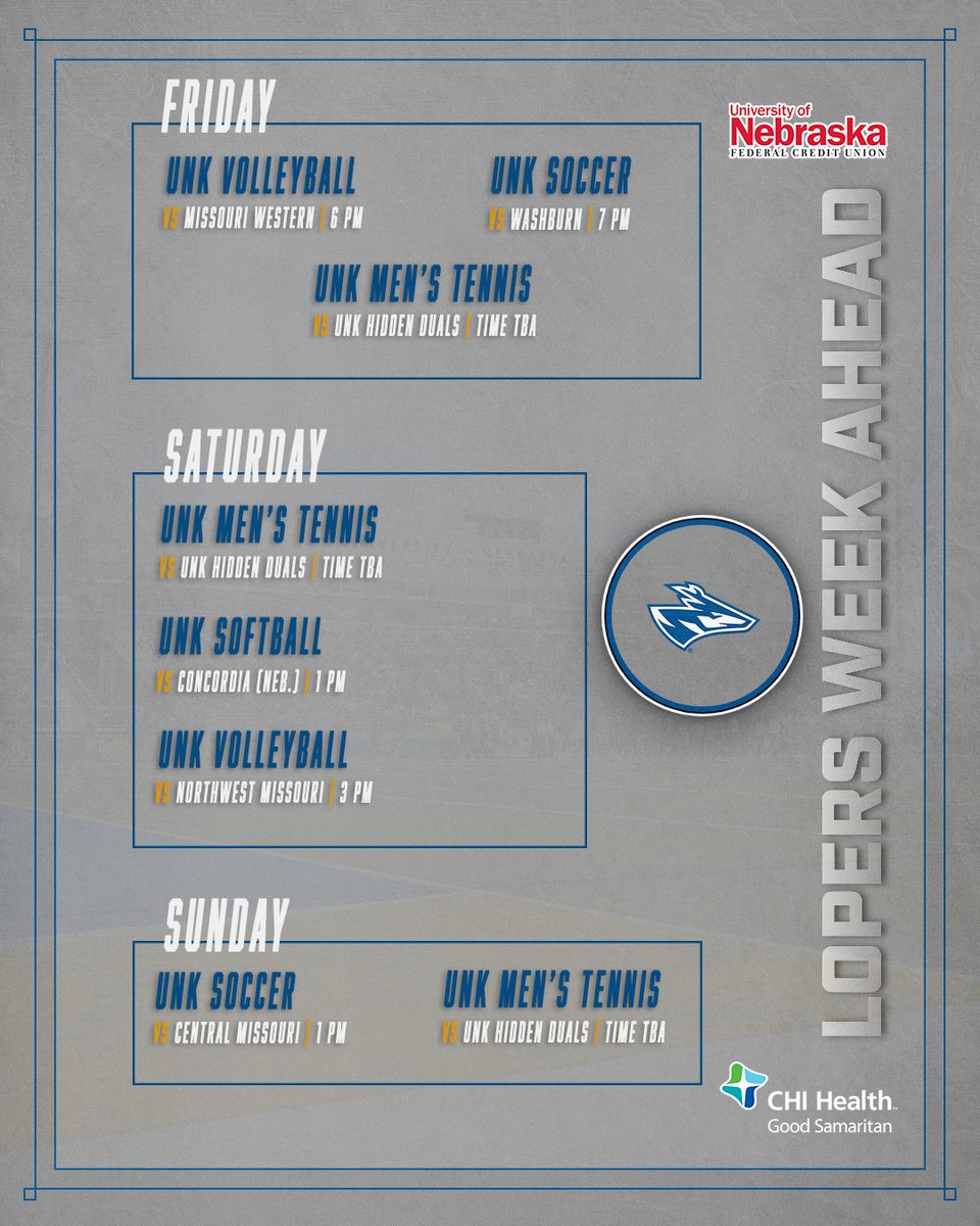 UNK Athletics (@unk_athletics) on Twitter photo โผ๏ธLoperโs Week Aheadโผ๏ธ It's a busy week of home events!
Sponsored events:
<a href="/UNKvolleyball/">UNK Volleyball</a>
๐๏ธ: Friday, October 4
๐: Missouri Western
โฐ: 6 PM
Sponsored by: <a href="/NUFCU/">NUFCU</a>
๐๏ธ: Friday, October 5
๐: Northwest Missouri
โฐ: 3 PM
THEME: PINK OUT
Sponsored by: <a href="/CHIhealth/">CHI Health</a>
#GoLopers โผ๏ธLoperโs Week Aheadโผ๏ธ It's a busy week of home events!
Sponsored events:
<a href="/UNKvolleyball/">UNK Volleyball</a>
๐๏ธ: Friday, October 4
๐: Missouri Western
โฐ: 6 PM
Sponsored by: <a href="/NUFCU/">NUFCU</a>
๐๏ธ: Friday, October 5
๐: Northwest Missouri
โฐ: 3 PM
THEME: PINK OUT
Sponsored by: <a href="/CHIhealth/">CHI Health</a>
#GoLopers