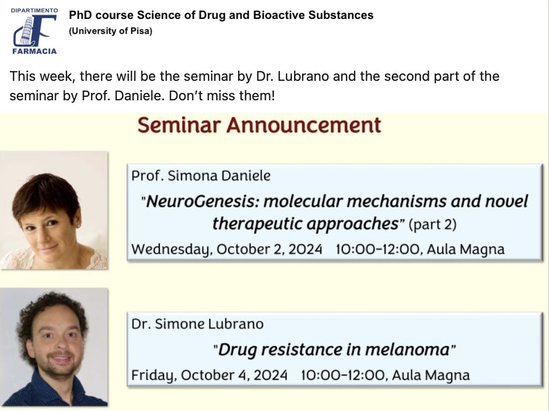 All students of the PhD course in Science of Drug and Bioactive Substance are welcome to attend the seminar. Thank you!