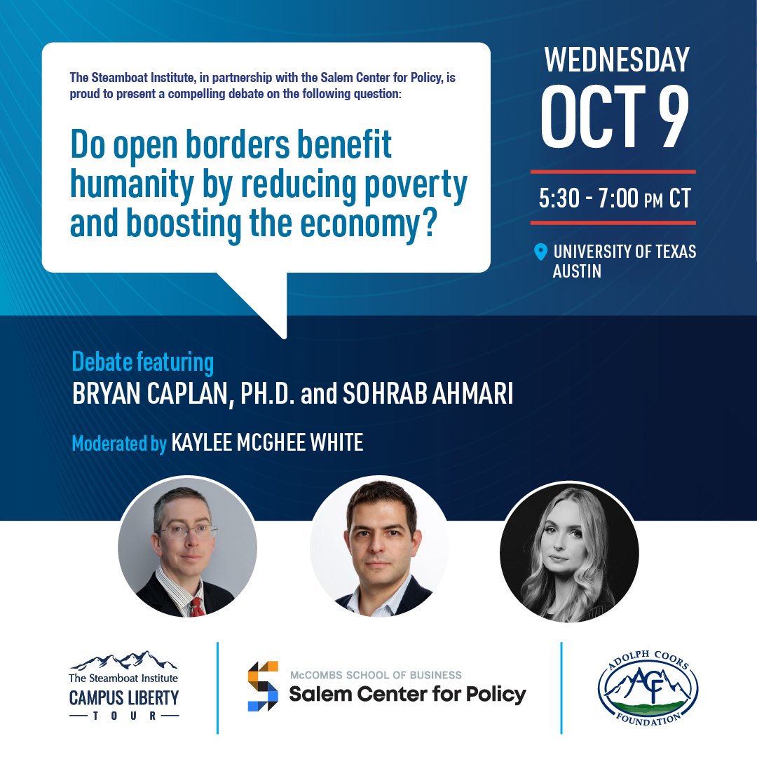 Join us next Wednesday for a debate between Bryan Caplan and Sohrab Ahmari, Ph.D. This event, in collaboration with the Steamboat Institute, will have an open reception afterward.⁠
⁠
Don’t miss out—register now through the link below!

shorturl.at/7FLvH⁠
⁠
 #UTAustinTX