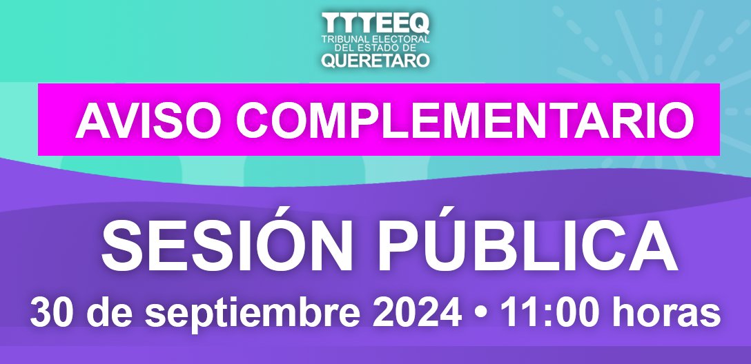 TEEQRO's tweet image. 📢 #AvisoComplementario | Sesión Pública del Tribunal Electoral del Estado de Querétaro • 30 de septiembre de 2024 • 11:00 horas.

Consulta aquí el asunto adicionado ➡️ teeq.gob.mx/aviso-compleme…

Transmisión en vivo 📷 youtube.com/@TeeqGobMxOfic…