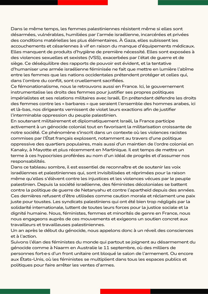 AFparisbanlieue's tweet image. Nous avons impulsé cet appel à manifestation #feministe contre la vente d'arme à #Israël et pour la fin du #genocide en #Palestine parce qu'il s'agit de la seule action possible pour en finir avec tts les violences. 
Tribune complète @Politis_fr : politis.fr/articles/2024/…