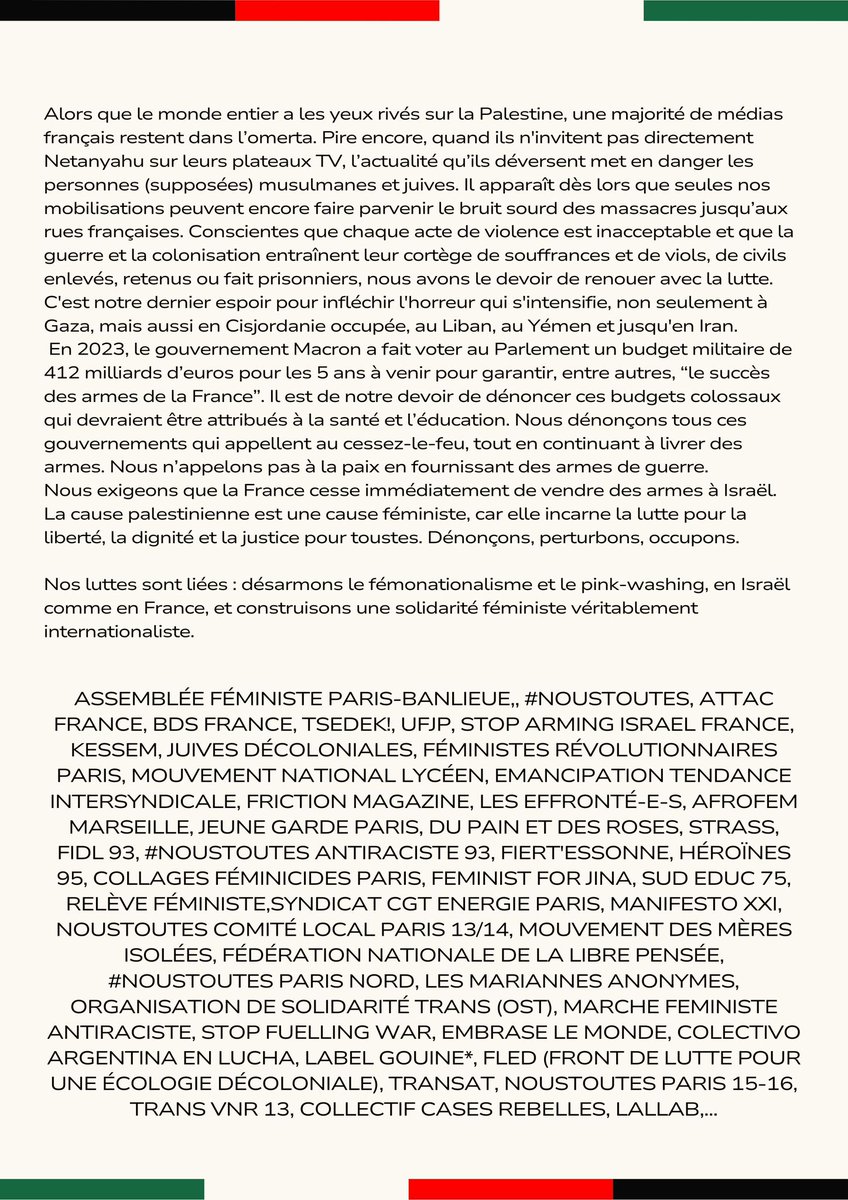 AFparisbanlieue's tweet image. Nous avons impulsé cet appel à manifestation #feministe contre la vente d'arme à #Israël et pour la fin du #genocide en #Palestine parce qu'il s'agit de la seule action possible pour en finir avec tts les violences. 
Tribune complète @Politis_fr : politis.fr/articles/2024/…