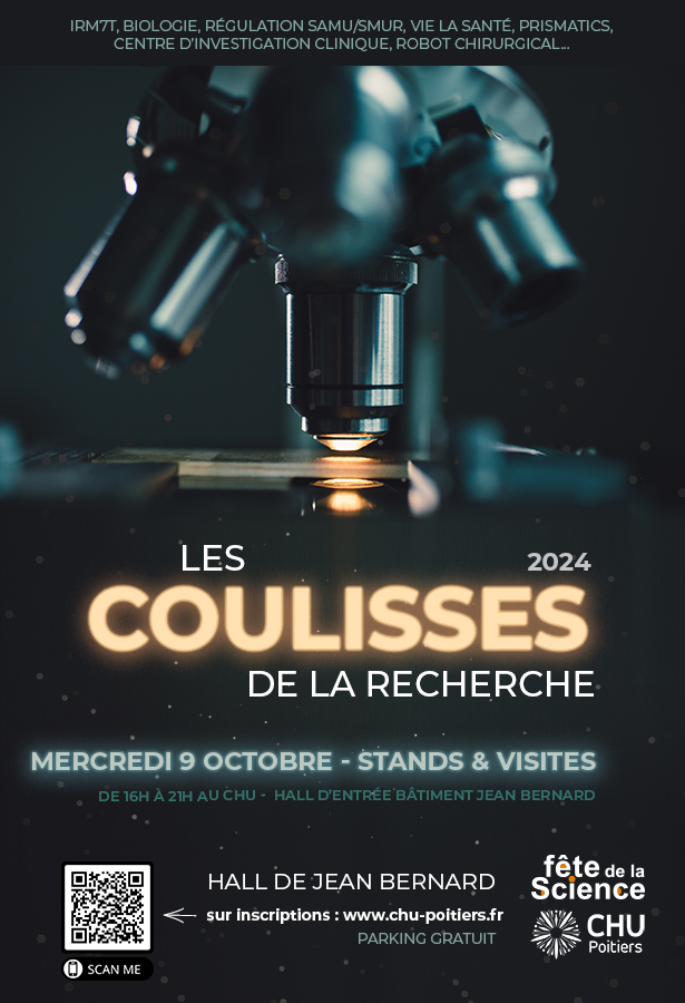 📍 09/10 de 16h à 21h, dans le hall d'accueil de Jean-Bernard sur le site de la Milétrie
👉 #Inscription obligatoire pour les visites. Entrée libre pour le village des chercheurs.
➡️ Inscription : 2.chu-poitiers.fr/57709e26-e2e8-…
➡️ En savoir plus : chu-poitiers.fr/event/les-coul… (2/2)