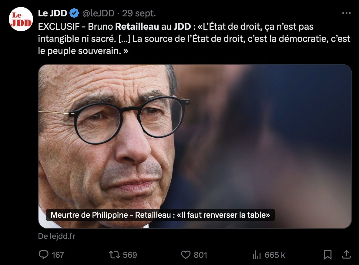 Un État de non-droit, c'est la soumission de toustes à l'arbitraire.

Pousser le peuple souverain à céder à l'arbitraire, c'est permettre à l'arbitraire d'écraser le peuple. 

Le respect des principes qui organisent notre société démocratique n'est pas à géométrie variable.