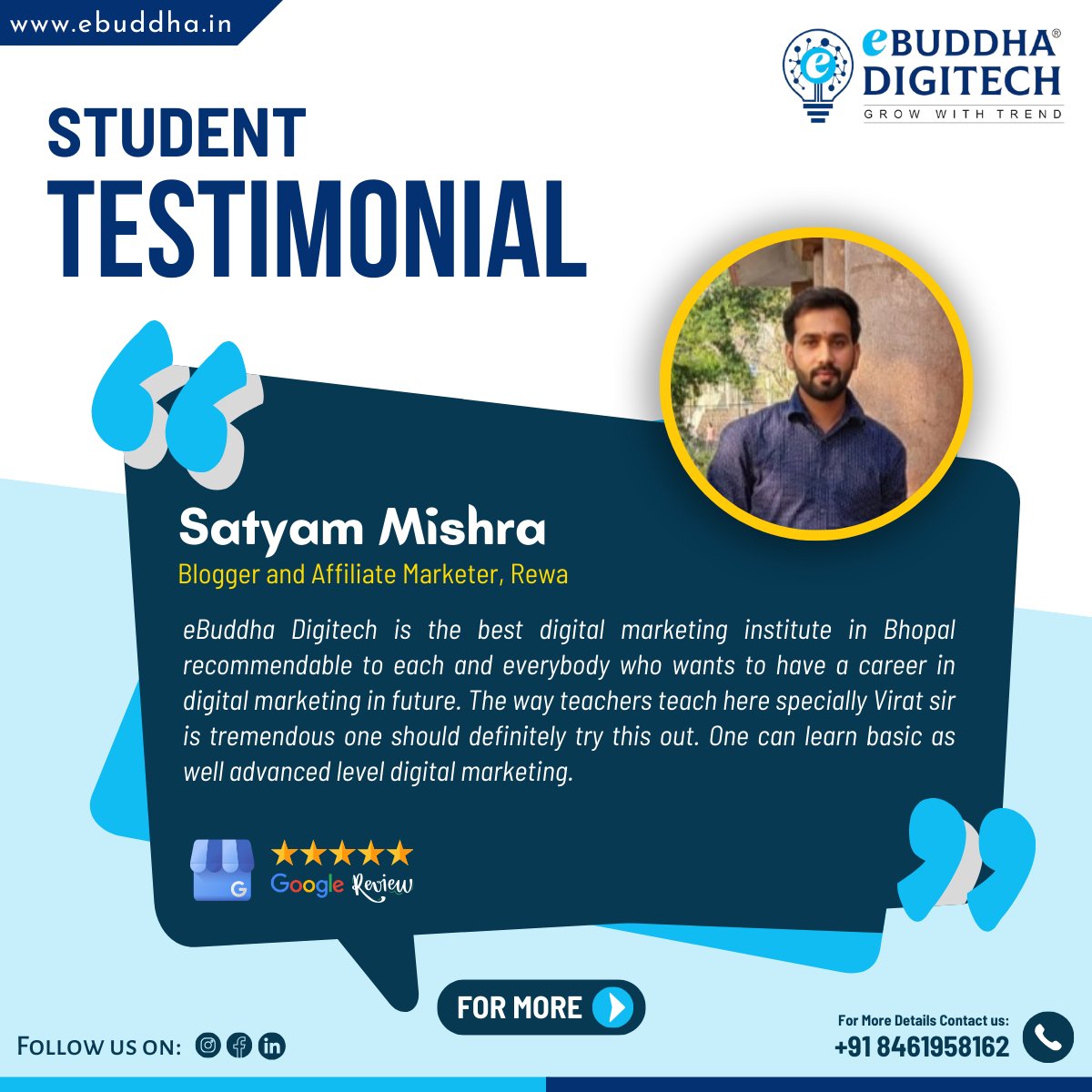 eBuddhaDigitech's tweet photo. There's nothing more rewarding than hearing from our students! 🙌 Ready to start your own journey toward a digital marketing course in Bhopal? 
.
.
Join us today! 💼🚀 for more information, contact us: +91 8461958162
.
.
#eBuddhadigitech #Digitalmarketingtraining #SEOtraining https://t.co/L8LfjUgSsb