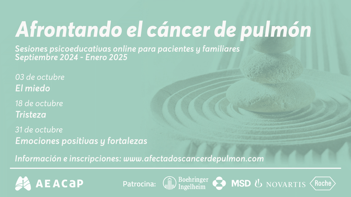 🔵🫁 <a href="/AEACaP/">AEACaP</a> continúa esta jueves con las sesiones del taller ‘Afrontando el #cáncerdepulmón’, con las psicooncólogas <a href="/Fatima_Cast/">Fátima Castaño</a> y Ana García-Conde

🗣️ El miedo

🕓 De 16.00 a 17:30h

ℹ️ ¿Estás interesad@? 👇

📝 Apúntate en 👉 bit.ly/AEACaP-taller-…