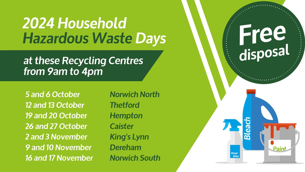 On given dates in October and November you can dispose of your hazardous household waste free of charge at Norwich North, Thetford, Hempton, Caister, King's Lynn, Dereham and Norwich South Recycling Centres.  
More info and a list of the items we accept here ➡️