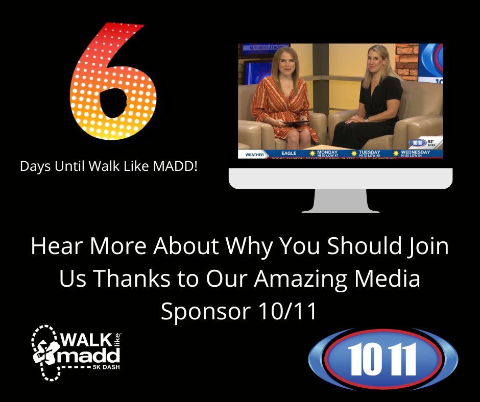 A BIG THANK YOU to our media sponsor <a href="/1011_News/">10/11 News</a> for allowing us to join them to talk walk! Just six days until we Walk Like MADD!! We are honored to have 10/11 Anchor Megan Conway as the event emcee this year! 
buff.ly/3Y43rKb