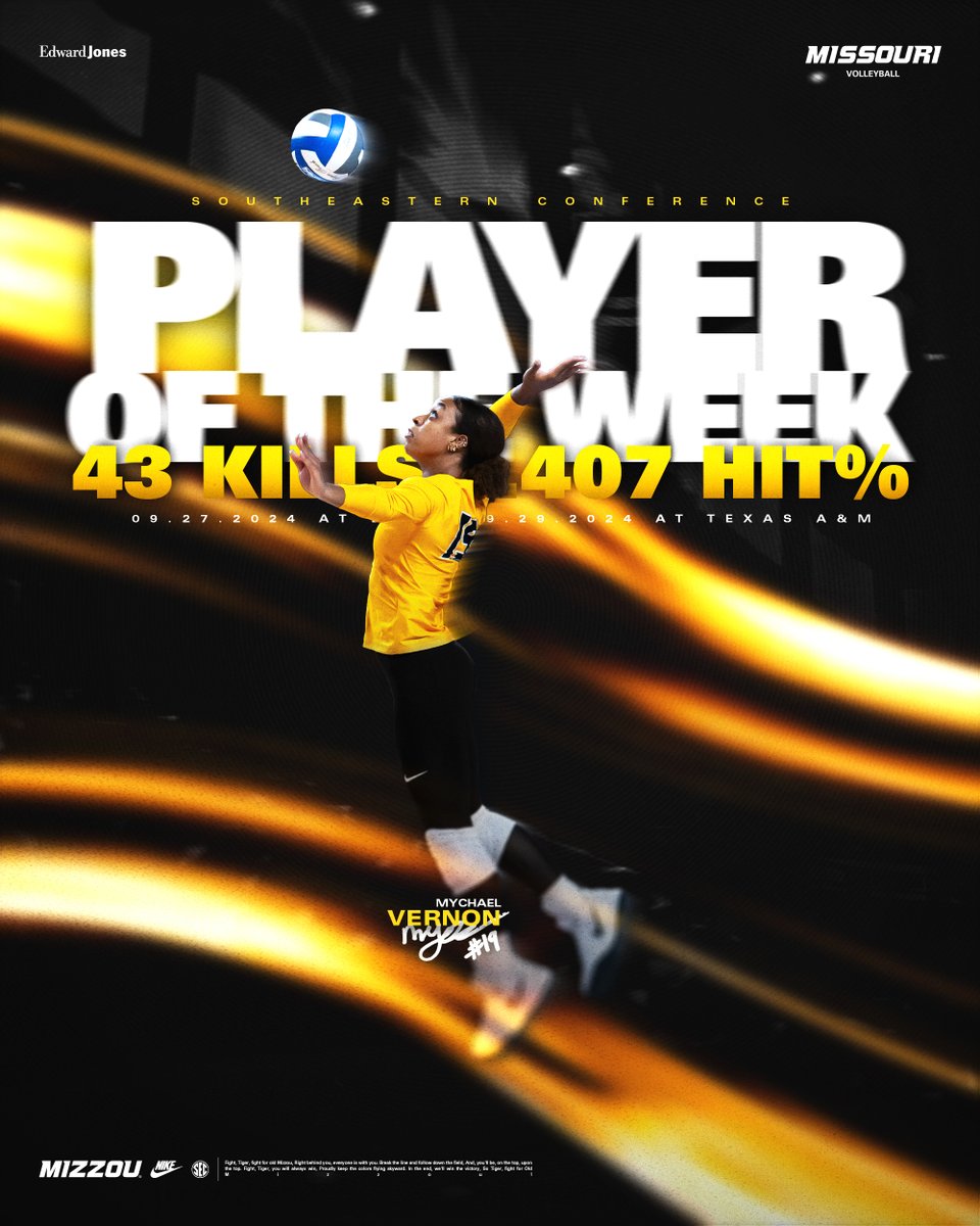 MizzouVB's tweet photo. What a debut SEC weekend for Mychael Vernon⁉️

Congrats to Mychael on earning SEC Offensive Player of the Week!!! 

✔️ 17 kills on .640 hitting percentage at LSU
✔️ career-best matching 26 kills at Texas A&amp;M

📰 https://t.co/Hcpzk32n4M

#MIZ 🐯🏐 https://t.co/cYhxFhi5uG