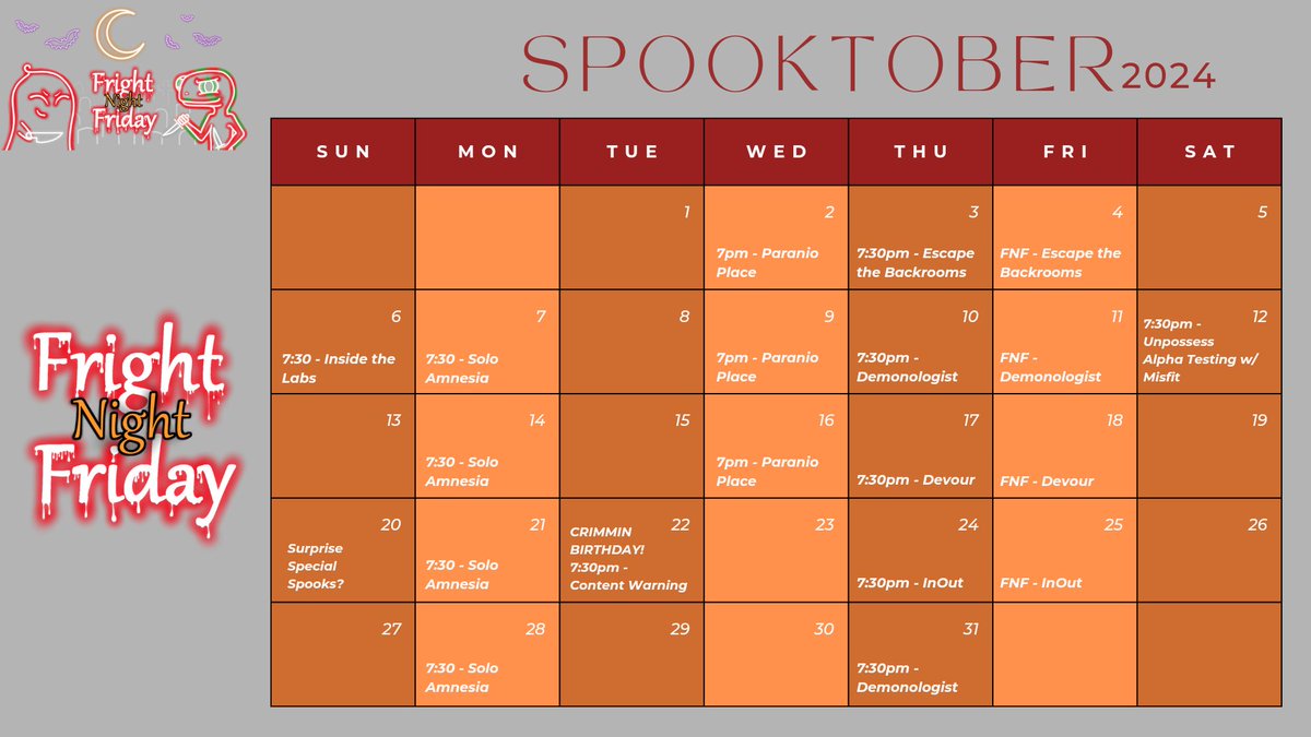 Alright yall! The #Spooktober2024 schedule is LIVE! Got a whole lot of streams happening, from Solo journeys, duo playthroughs, to the FNF group! You aren't gonna want to miss this year's line up!