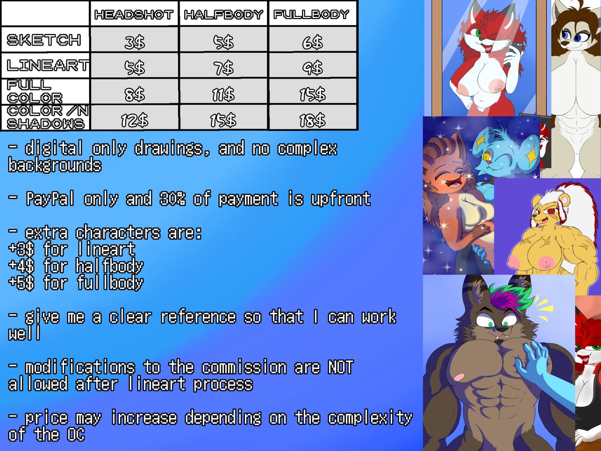 Well, as some of you may know, my phone broke and I had to buy a new one, so I'm going to open commissions to recover the money spent, which would be 2500 MXN (approximately 127 dollars), so if you're interested, you can send me a DM on Twitter, or on telegram using @/Flamitha