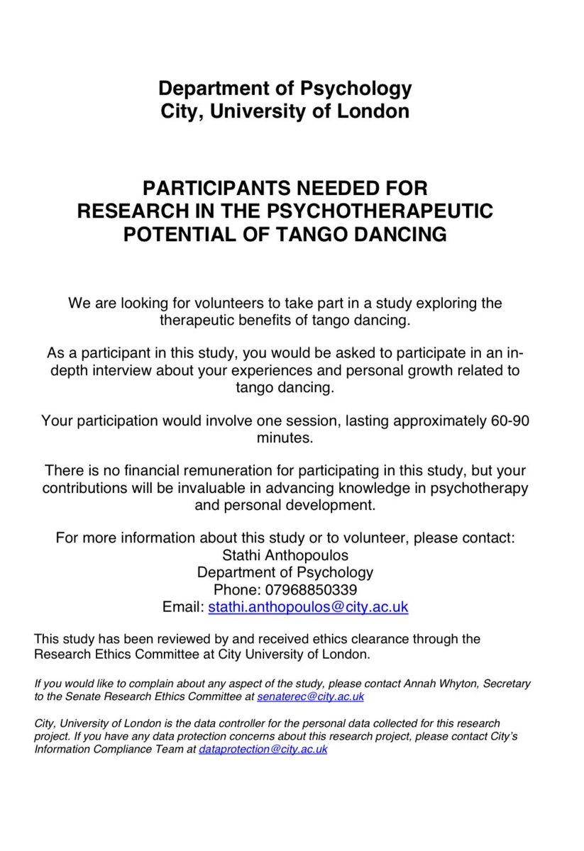 💃🕺 Tango Dancers Wanted!
Have you felt the therapeutic power of tango? We’re conducting research on its emotional &amp; mental benefits, and we need your story! 🌱 60-90 min interview.
Be part of something bigger—help the tango community grow! ❤️

DM me for details!